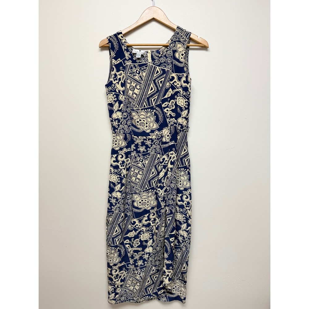 Vintage The Works Saks Fifth Avenue 100% Silk Midi Dress Sz 4 Blue